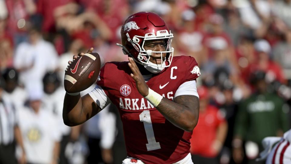 Arkansas quarterback KJ Jefferson looks to pass.