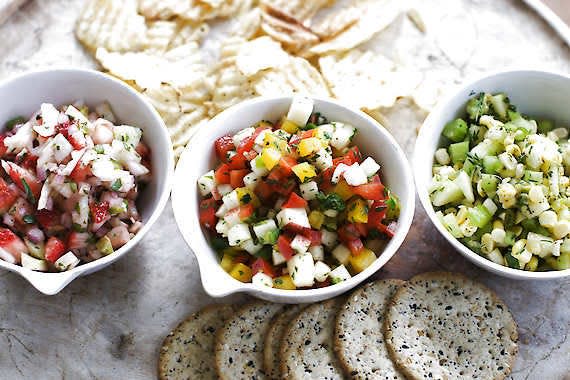 Some summertime salsas that are easy to make include, from left, Strawberry-Fennel Salsa, Apple-Pepper Salsa and Cucumber-Corn Salsa.Matthew Mead | Associated Press