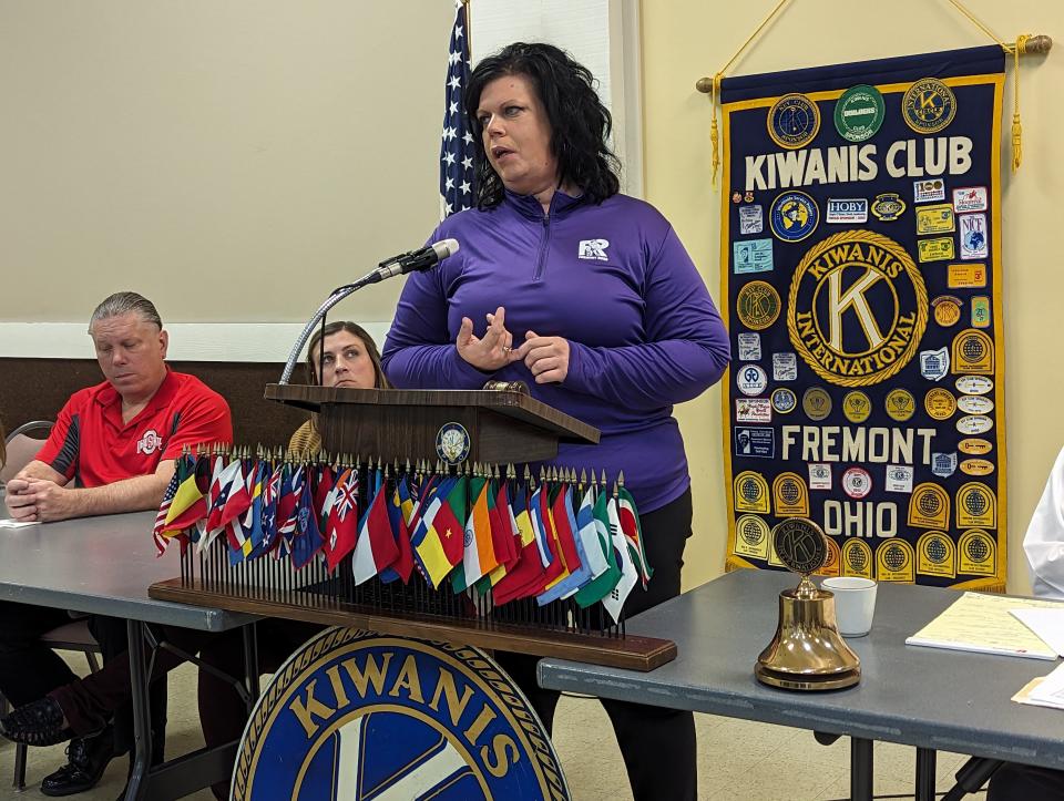 Laura Lehmann, school board candidate for Fremont City Schools, speaks at the Kiwanis candidate forum on Thursday.