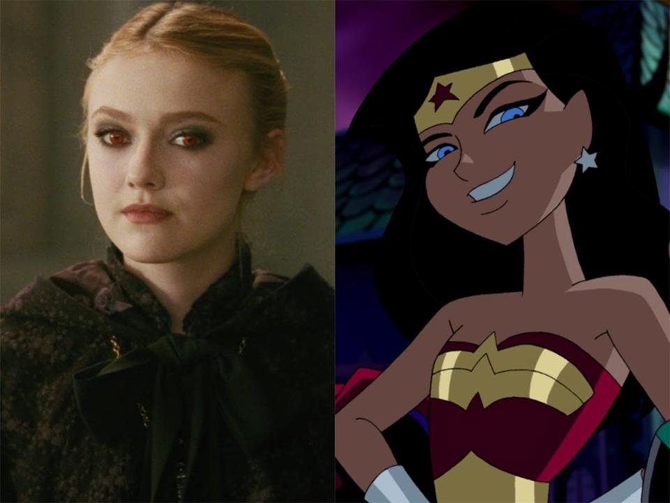 On the left: Dakota Fanning as Jane in "New Moon." On the right: Young Diana Prince/Wonder Woman on "Justice League Unlimited."