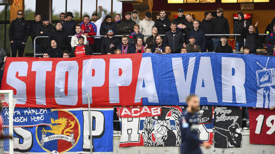 FILE - Helsingborg IF's supporters protest against VAR during the Allsvenskan soccer match between Kalmar FF and Helsingborgs IF at Guldfågeln Arena in Kalmar, Sweden, Feb. 10, 2022. Swedish soccer has adopted an isolationist stance in eschewing technology to retain a pure version of the beautiful game. Sweden is the only one of Europe’s top-30 ranked leagues yet to have rolled out VAR in its domestic competitions. (Patric Söderström/TT News Agency via AP, File)