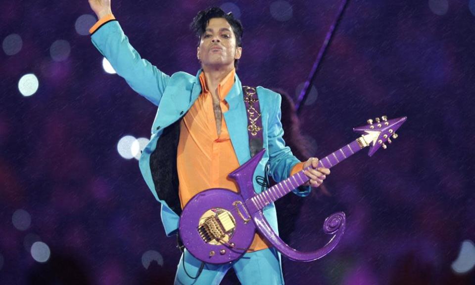Prince performing during the half-time show at the Super Bowl in Miami.