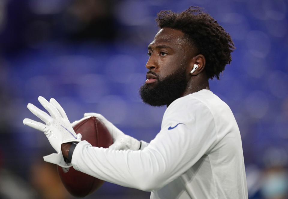 Indianapolis Colts wide receiver Parris Campbell (1) warms up before the team's game against the Baltimore Ravens on Monday, Oct. 11, 2021, at M&T Bank Stadium in Baltimore. 