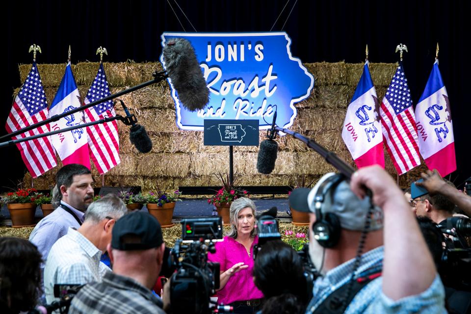 U.S. Sen. Joni Ernst, R-Iowa, speaks with journalists after her annual Roast and Ride fundraiser Saturday, June 3, 2023, at the Iowa State Fairgrounds in Des Moines, Iowa.