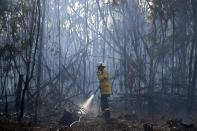 A firefighter doses a bushfire in the residential area of Sydney on November 12, 2019. - Bushfires raging across eastern Australia on November 12 singed the Sydney suburbs, where firefighters were forced to scramble planes and helicopters to splatter a built-up neighbourhood with water and red retardant. (Photo by Saeed KHAN / AFP) (Photo by SAEED KHAN/AFP via Getty Images)