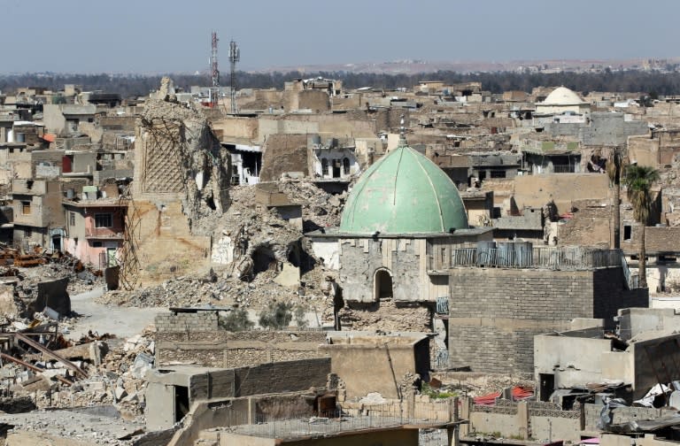 A picture taken on March 14, 2018 shows a view of the dome of the destroyed al-Nuri mosque, eight months after it was retaken by Iraqi government forces from jihadists