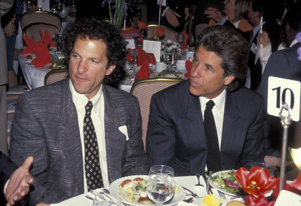 Producers Peter Guber and Jon Peters attend Entertainment Industy Education First Kickoff on April 15, 1991 at the Beverly Hills Hotel in Beverly Hills, California. (Photo by Ron Galella, Ltd./Ron Galella Collection via Getty Images)