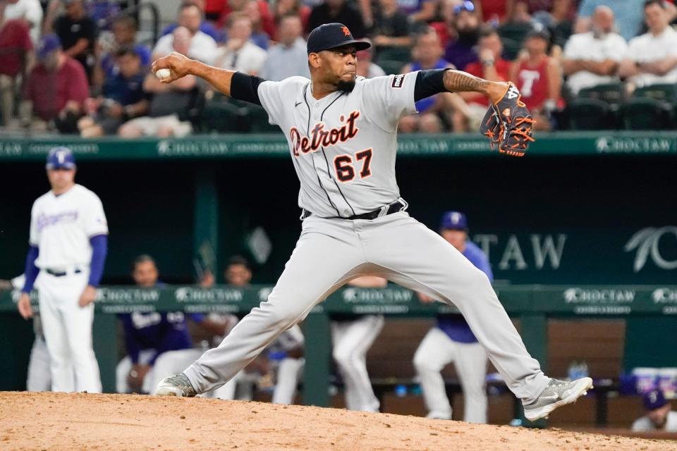 Detroit Tigers relief pitcher Jose Cisnero (67) throws to the plate during the seventh inning against the Texas Rangers at Globe Life Field in Arlington, Texas on June 29, 2023.