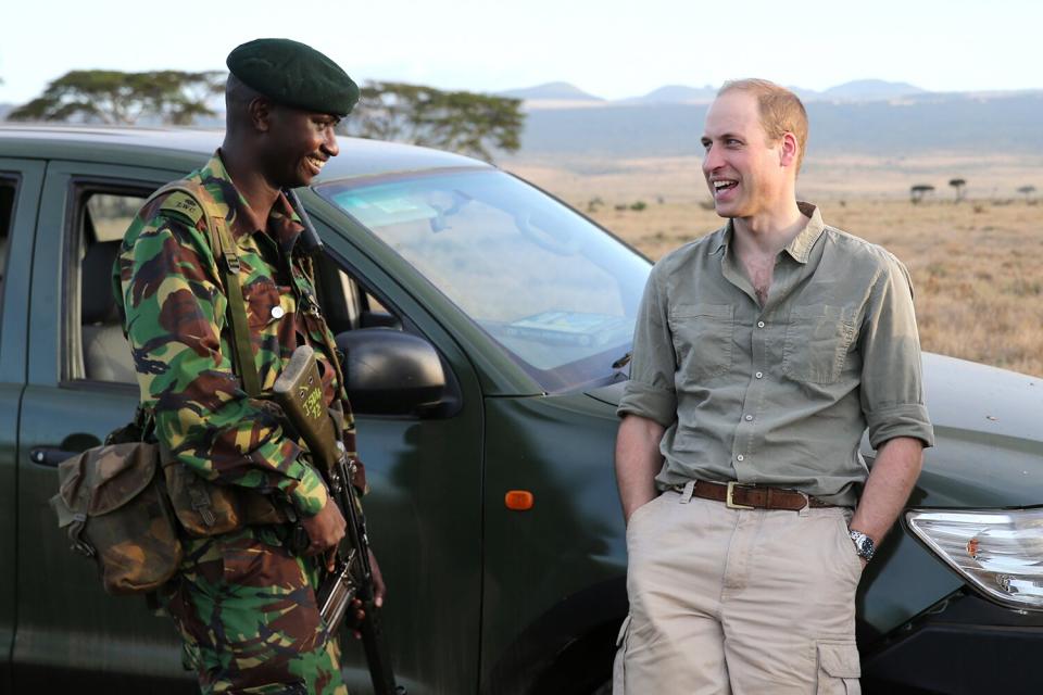 Prince William, Duke of Cambridge, Royal Patron of Tusk and President of United For Wildlife, enjoys a joke with Edward Ndiritu, Head of Security at Kenyas Lewa Wildlife Conservancy