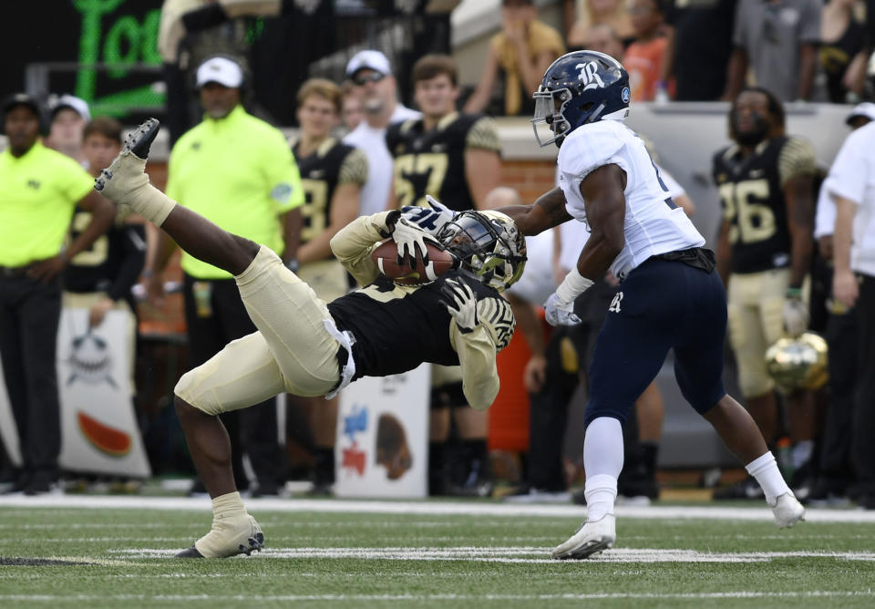 Wake Forest’s Greg Dortch (3) caught four touchdowns against Rice. He is a must-own in Yahoo fantasy. (AP Photo/Woody Marshall)