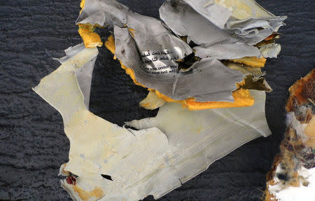 Recovered debris of the EgyptAir jet that crashed in the Mediterranean Sea is seen in this handout image released May 21, 2016 by Egypt's military. Egyptian Military/Handout via Reuters