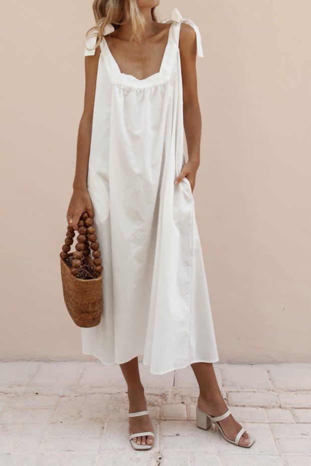 <p>Posse Tora Maxi Dress, $199, <a href="https://theposse.com.au/collections/dresses/products/tora-maxi-dress-white" rel="nofollow noopener" target="_blank" data-ylk="slk:available here;elm:context_link;itc:0;sec:content-canvas" class="link ">available here</a>. </p>