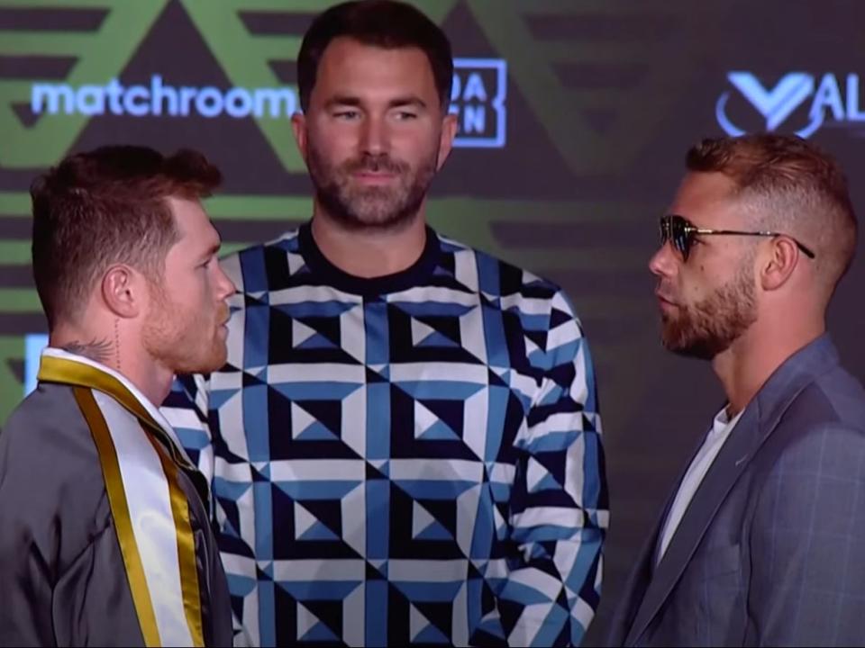 <p>Saul ‘Canelo’ Alvarez (left) faces off with Billy Joe Saunders</p> (Matchroom Boxing via YouTube)