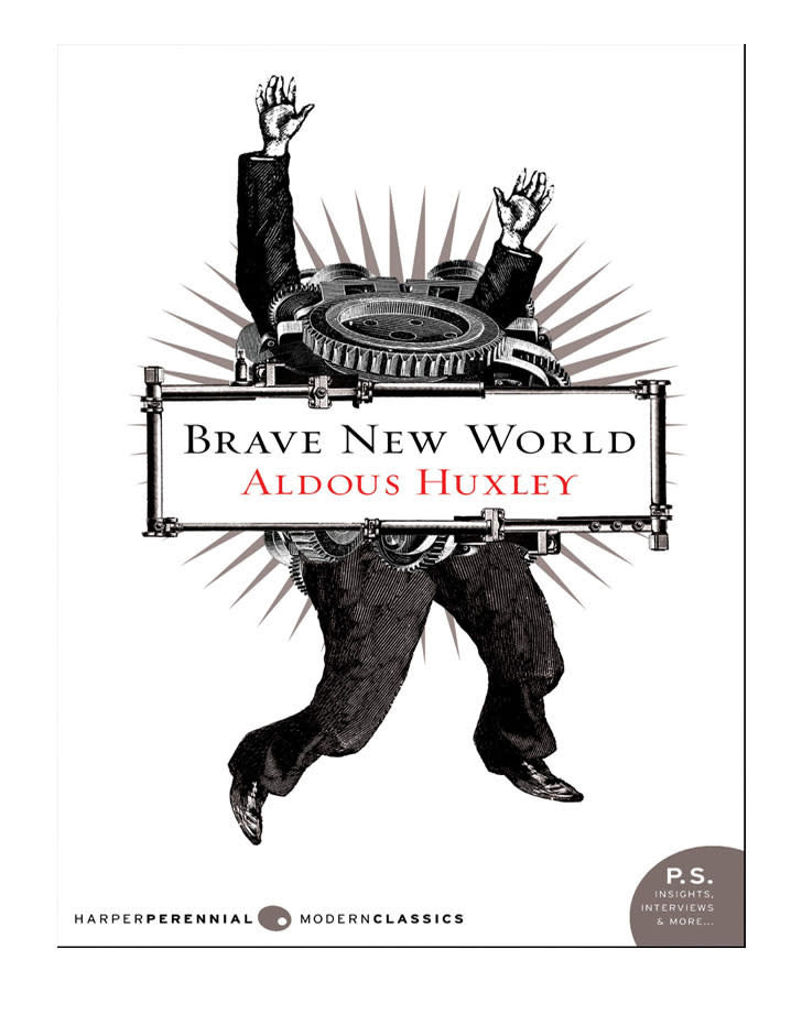 The book cover of "Brave New World" by Aldous Huxley.