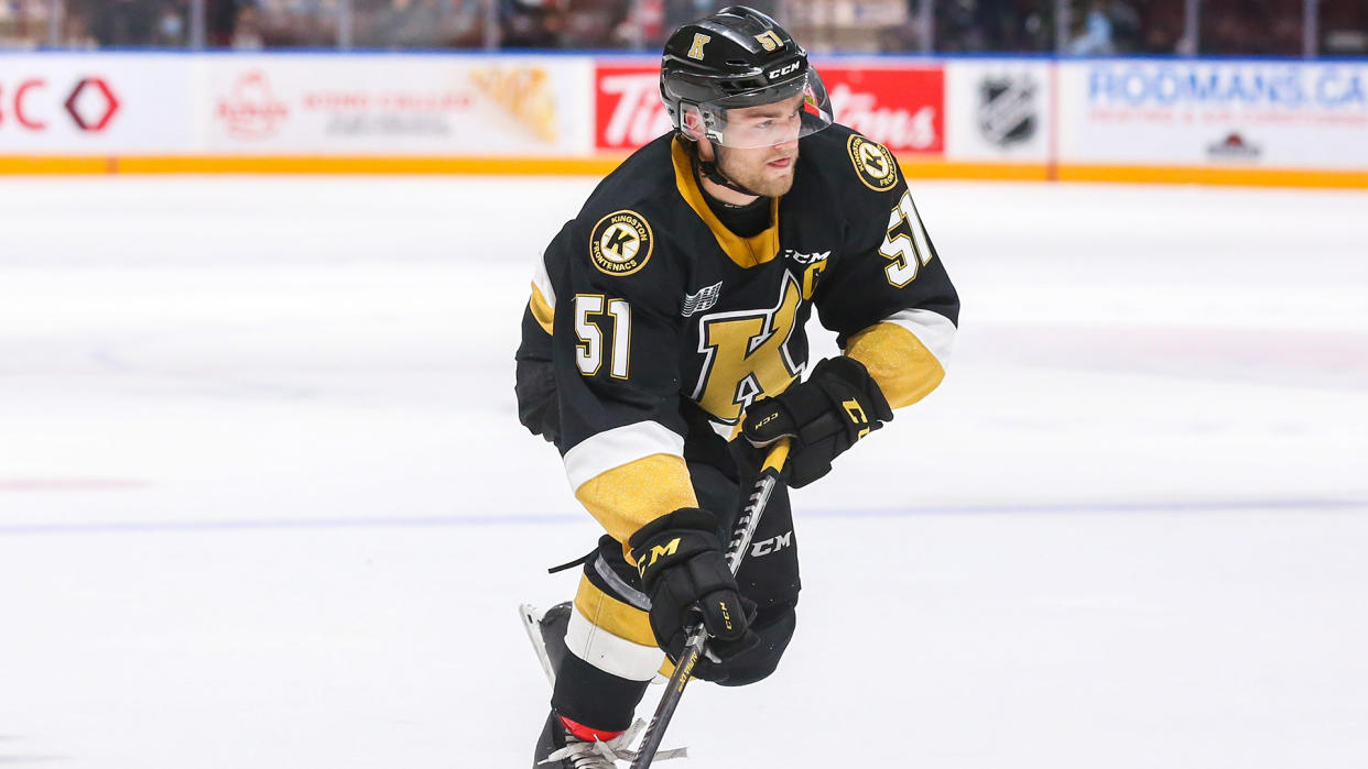 Shane Wright of the Kingston Frontenacs is expected to go first overall in the 2022 NHL draft. (Photo by Chris Tanouye/Getty Images)