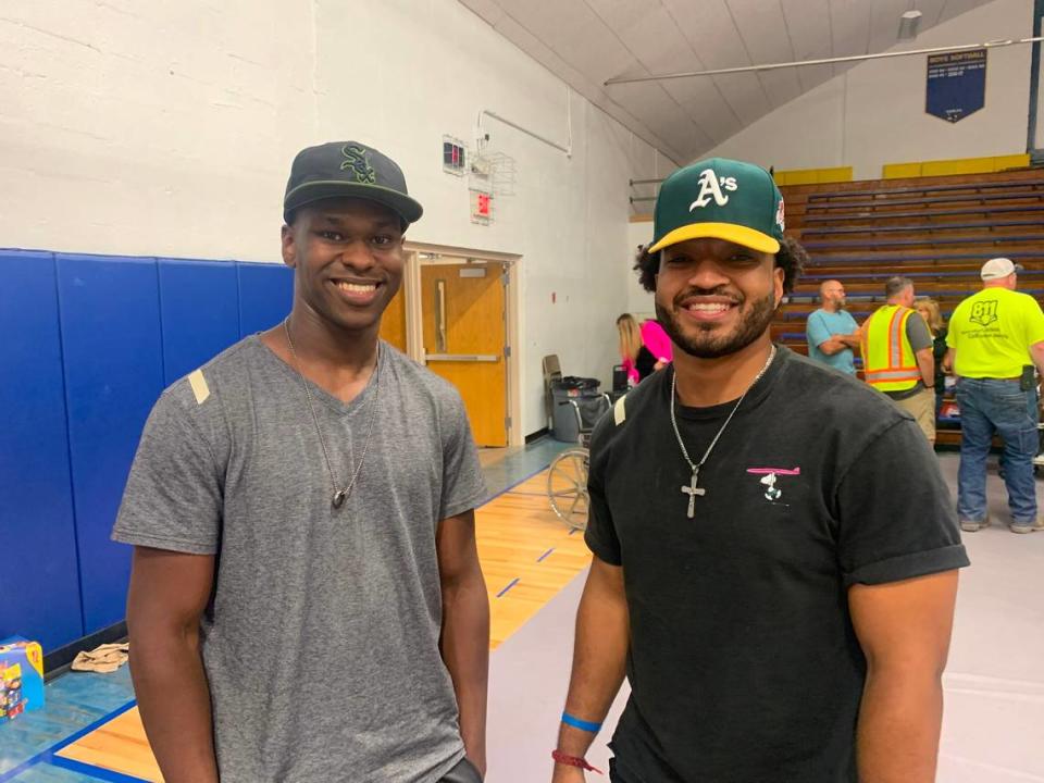 Antwoine Patton, left, and Kyle Bullard are pictured at the Northwestern School District high school in Mendon, Missouri, after a fatal train crash southwest of the town. 