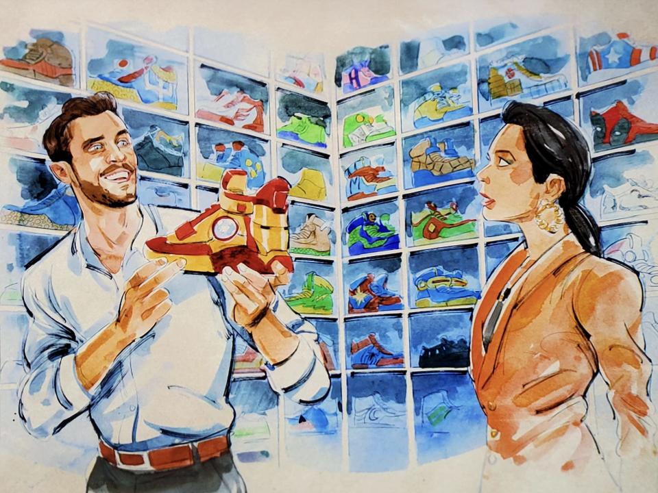 Illustration of Josh Segarra as Pug and Ginger Gonzaga as Nikki Ramos surrounded by superhero sneakers.