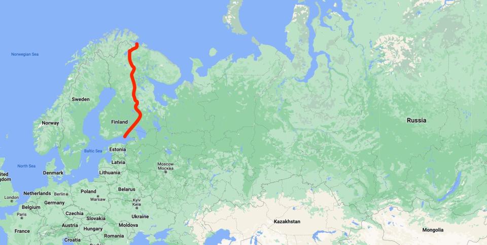 A map showing the long border between Finland and Russia.