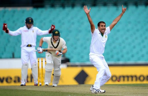 Imran Tahir appeals for an LBW decision against Tim Paine during a tour match at the Sydney Cricket Ground on Saturday. South Africa will be looking to play leg-spinner Tahir and opt against playing four specialist pace bowlers in Friday's opening Test against Australia, a team coach said on Monday