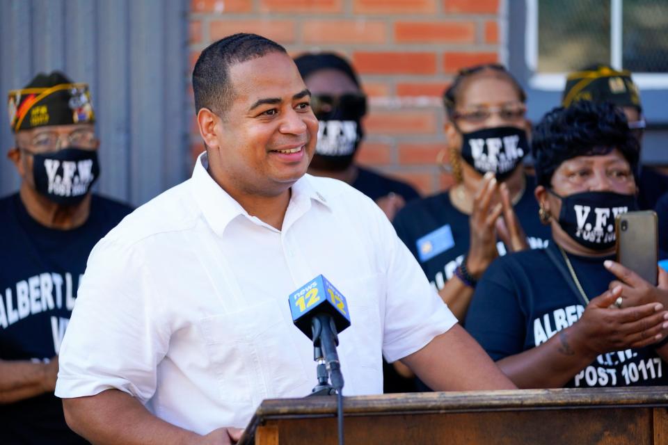 Passaic Mayor Hector Lora speaks before the demolition on Wednesday, August 25, 2021. The Albert Lawson VFW Hall was demolished to make way for new housing by the Paterson Habitat for Humanity.