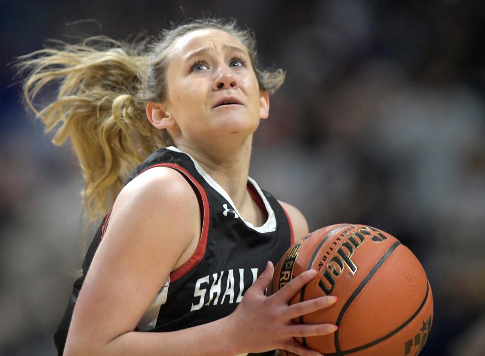 Shallowater's Linley Wright goes up for a layup against Huntington in the girls basketball Class 3A state championship, Saturday, March 2, 2024, at the Alamodome in San Antonio.