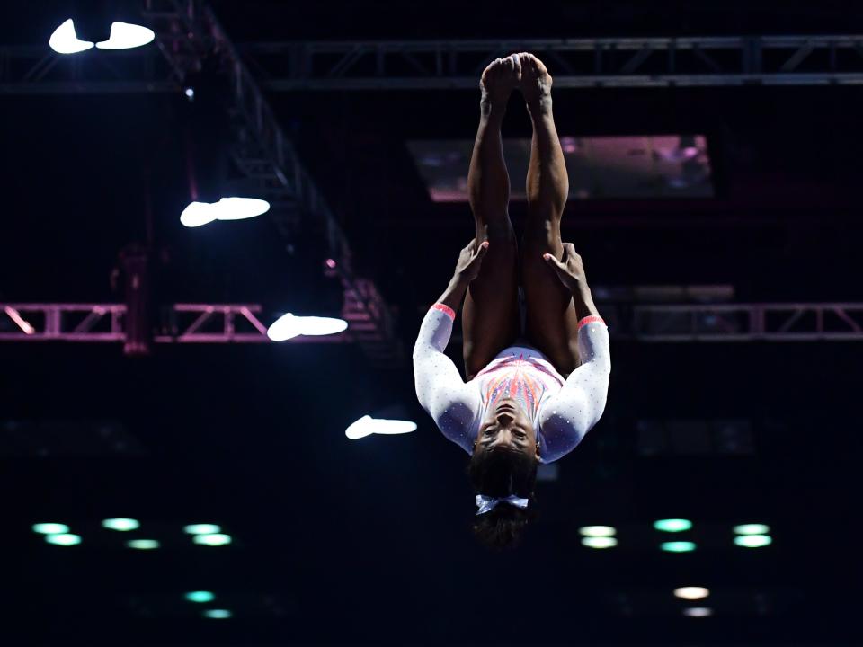 Simone Biles lands the Yurchenko double pike.