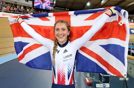 UCI World Track Cycling Championships - London, Britain - 6/3/2016 - Laura Trott of Britain celebrates winning the women's omnium.REUTERS/Matthew Childs