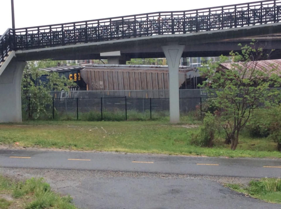 Overturned train cars