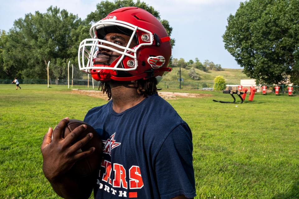 Sioux City North's Demarico Young poses for a portrait during a football practice before the start of the 2023 season.