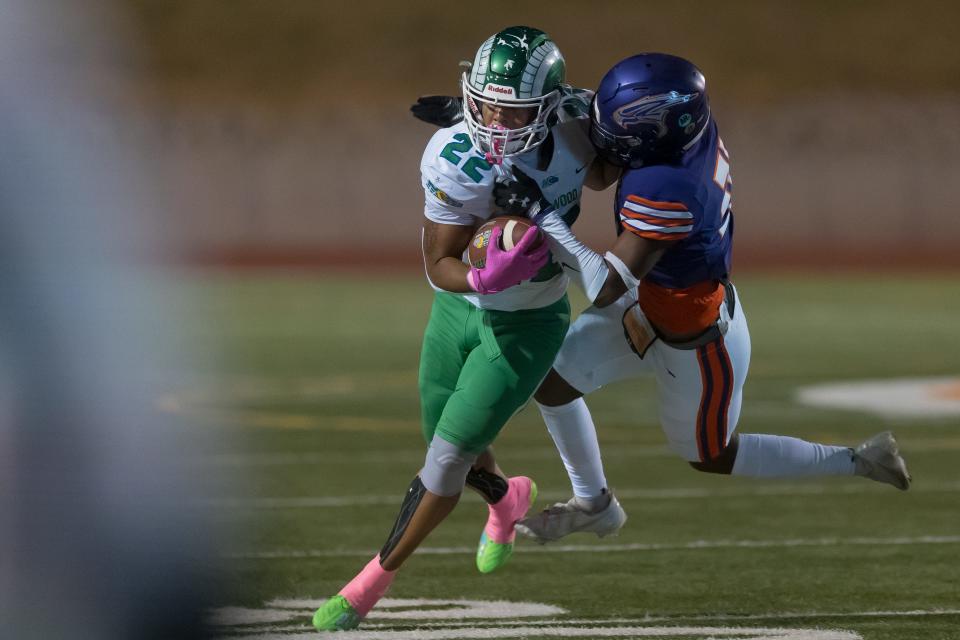 Montwood's Izayuh Claudio (22) at a high school football game against Eastlake at the Socorro ISD Students Activities Complex on Thursday, Oct. 06, 2022, in El Paso, Texas.