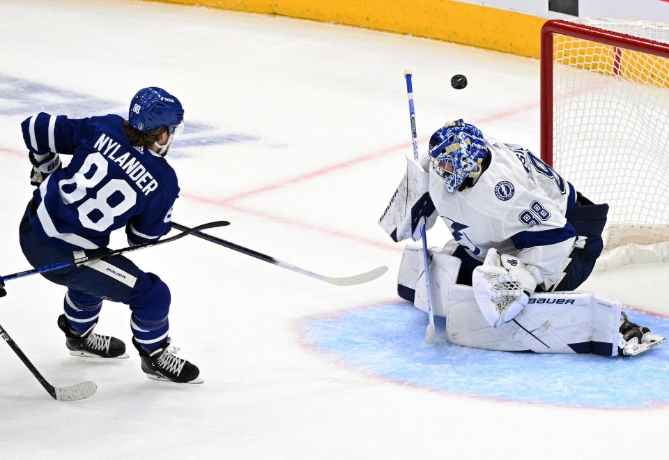 Toronto Maple Leafs forward William Nylander shoots high on Tampa Bay Lightning goalie Andrei Vasilevskiy in Game 7.