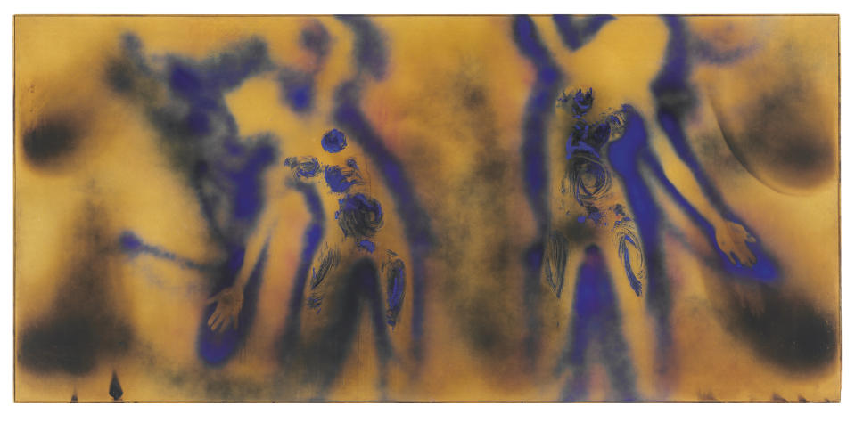 FILE - This undated file image provided by Christie's New York shows "FC 1" by French artist Yves Klein, which sold at a New York City auction for $36.4 million on Tuesday, May 8, 2012. The painting was made in 1962, a few weeks before Klein's death at age 34, with water, a blowtorch and two models. (AP Photo/Christie's)