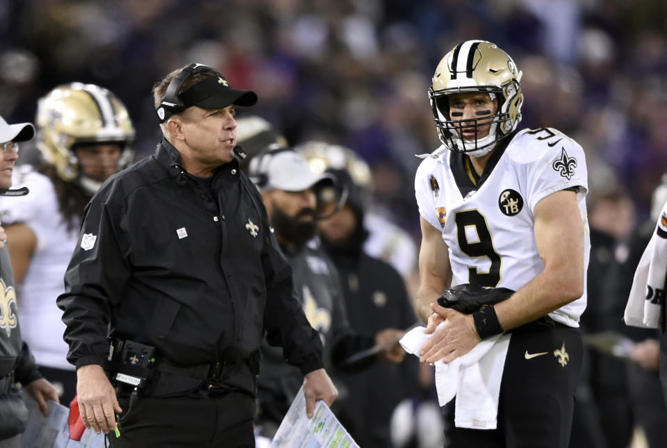 New Orleans Saints head coach Sean Payton, left, wants quarterback Drew Brees to stay away from the rattlesnakes. (AP Photo/Gail Burton)