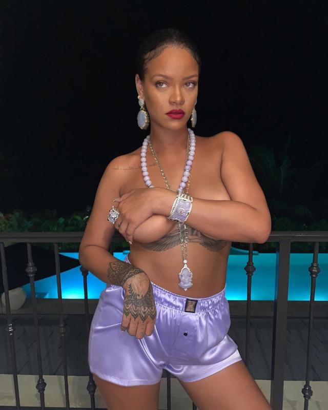 Candid Topless Beach Group - Rihanna Poses Topless in Purple Savage X Fenty Boxers for Sexy Poolside Snap