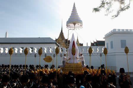 Officials take part during a funeral rehearsal for late Thailand's King Bhumibol Adulyadej near the Grand Palace in Bangkok. REUTERS/Kerek Wongsa