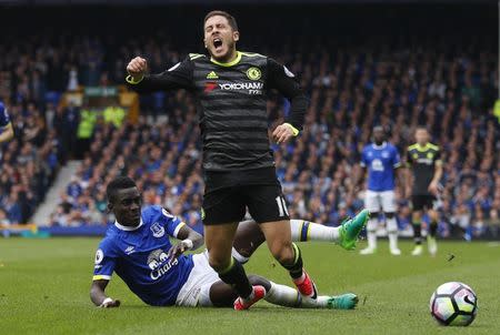 Britain Football Soccer - Everton v Chelsea - Premier League - Goodison Park - 30/4/17 Chelsea's Eden Hazard is fouled by Everton's Idrissa Gueye Reuters / Phil Noble Livepic