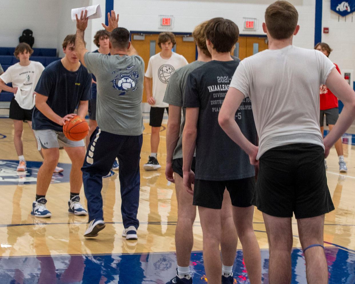 West York boys' basketball coach Garrett Bull demonstrates a drill to players at the first practice of the winter sports season on Friday, Nov. 18, 2022..