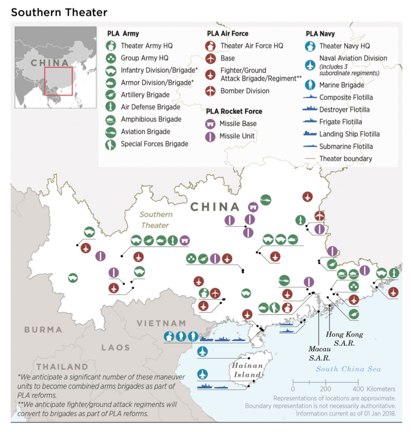 解放軍南部戰區的軍力部署。（美國防部《2018年中國軍力報告》）