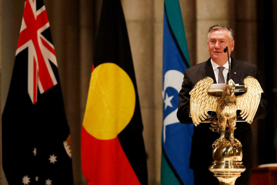 Eddie McGuire speaks at the funeral. Photo: Getty