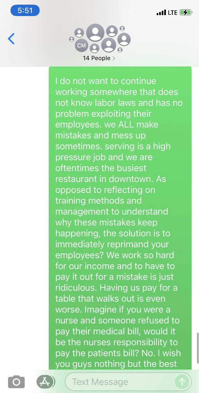 Group text message discussing labor laws, job pressure, and issues with paying for medical bills due to workplace errors. The text sender is expressing frustration