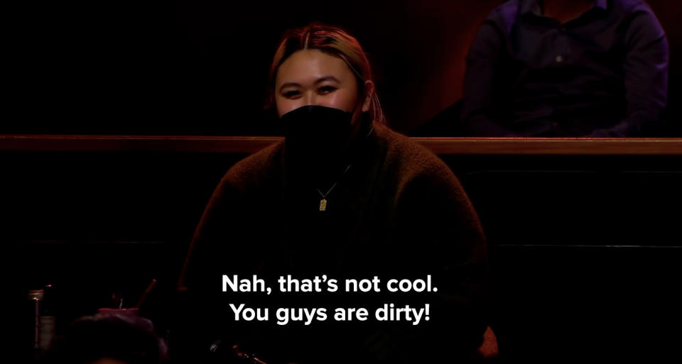 Person wearing a mask and saying "Nah, that's not cool; you guys are dirty!"