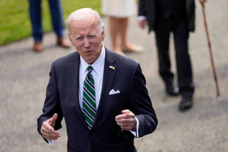 President Joe Biden talks with reporters after meetsing with Irish President Michael Higgins at Aras an Uachtarain, the presidential residence, Thursday, April 13, 2023, in Dublin, Ireland. (AP Photo/Patrick Semansky) ORG XMIT: IRLPS345