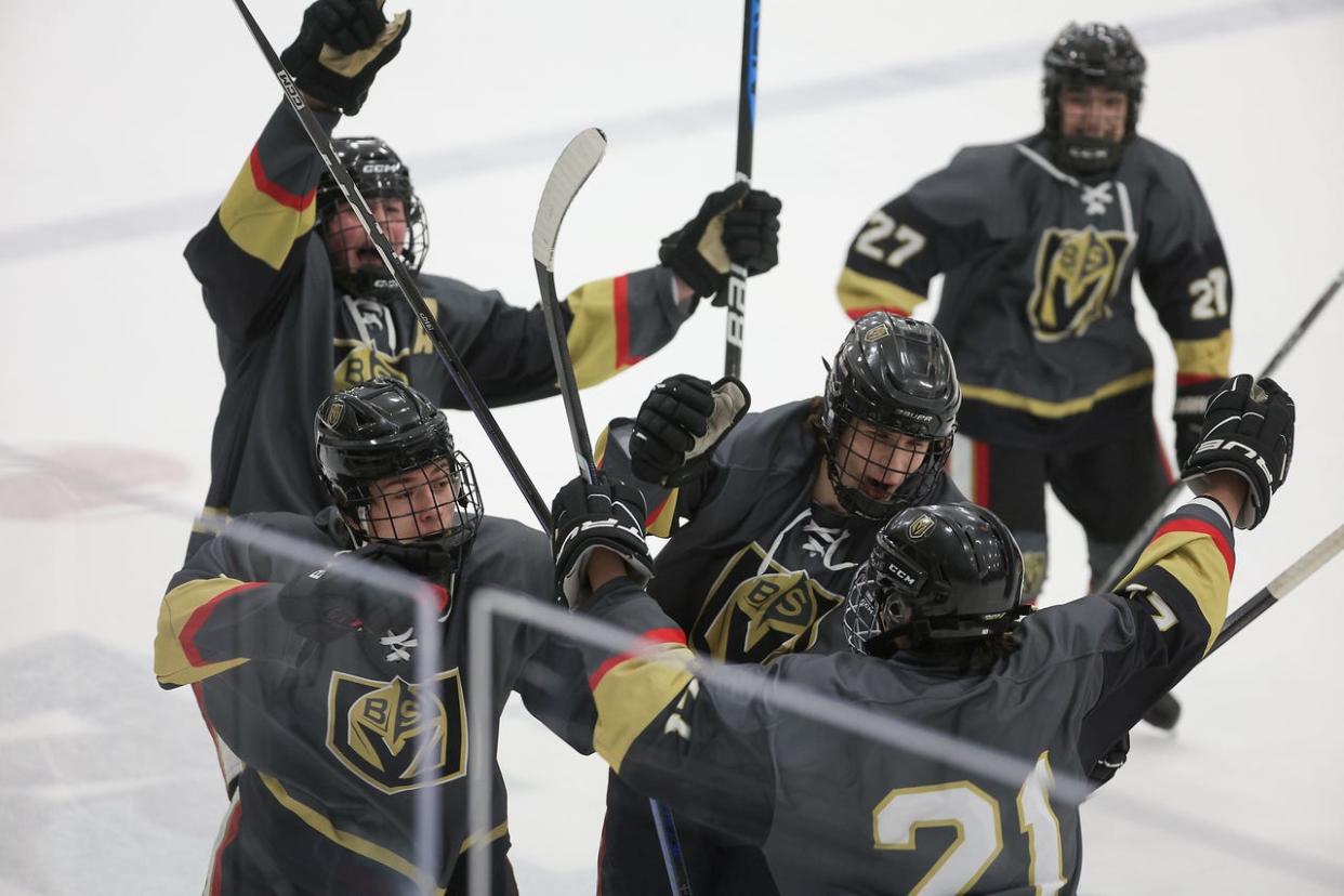 Div. II hockey semifinals: Blackstone Valley co-op vs. Nariho. BV celebrates a goal. 3/10/24