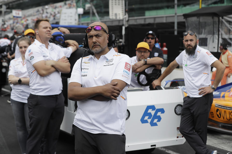 The crew for Fernando Alonso, of Spain, watch as Kyle Kaiser makes his qualification attempt for the Indianapolis 500 IndyCar auto race at Indianapolis Motor Speedway, Sunday, May 19, 2019 in Indianapolis. Kaiser bumped Alonso from the field. (AP Photo/Darron Cummings)