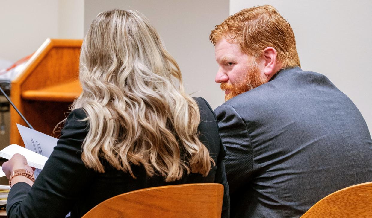 Former Appleton Police Officer Jeremy Haney, right, sits in court April 30, 2024, with his lawyer. Haney pleaded no contest to one count of misconduct in public office, a class I felony. Additional charges of forgery and obstructing an officer were dismissed. The felony conviction ensures Haney will never serve as a police officer again. Haney said that had he received the treatment he needed for PTSD and anxiety, this never would have happened.