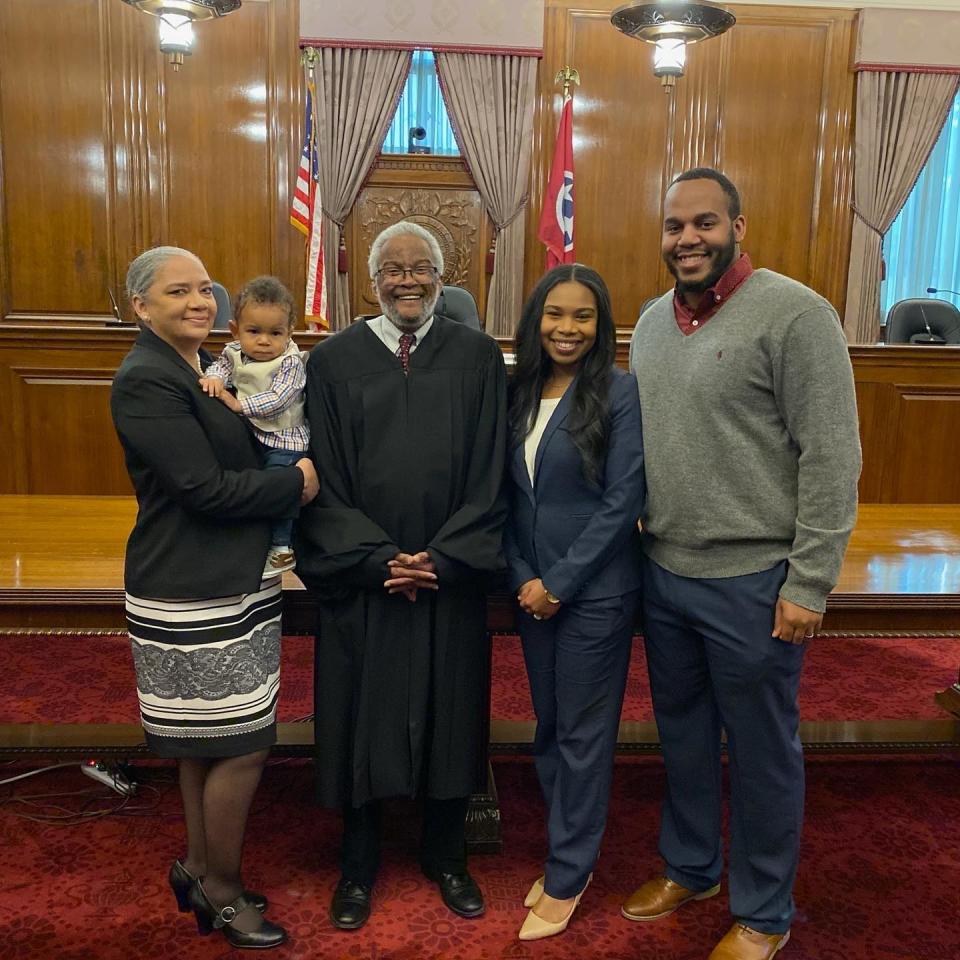 Ana, Beckham, Judge Dinkins, Juliana and Javon Lamar are all smiles after Juliana is sworn into the state bar. (Photo courtesy of Juliana Lamar)