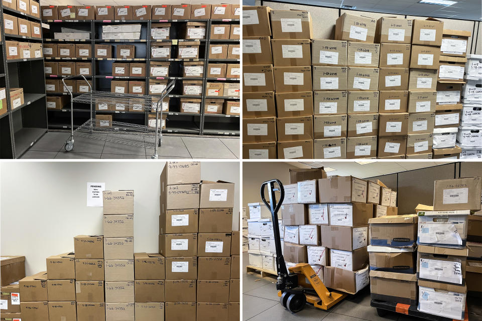 Boxes and boxes of records line the facility walls that have yet to be scanned or processed. If the center stopped receiving records now it would still take over a year to clear the backlog. (Yasmine Salam / NBC News)
