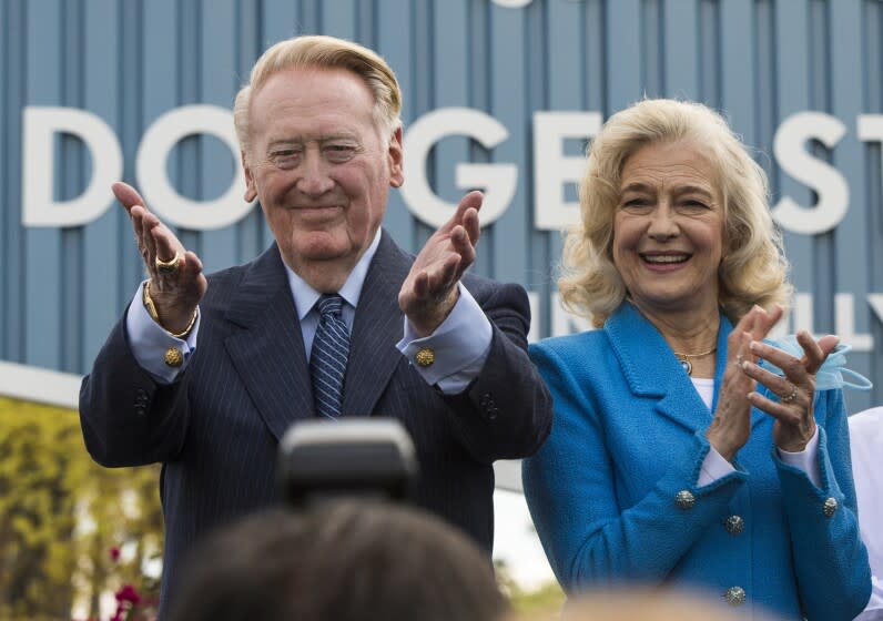 FILE - In this Monday, April 11, 2016, file photo, Los Angeles Dodgers legend Vin Scully.