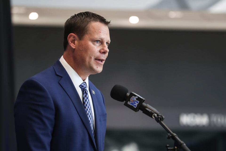 New Memphis athletic director Laird Veatch speaks during a press conference at Laurie-Walton Family Basketball Center on Tuesday, August 13, 2019. 