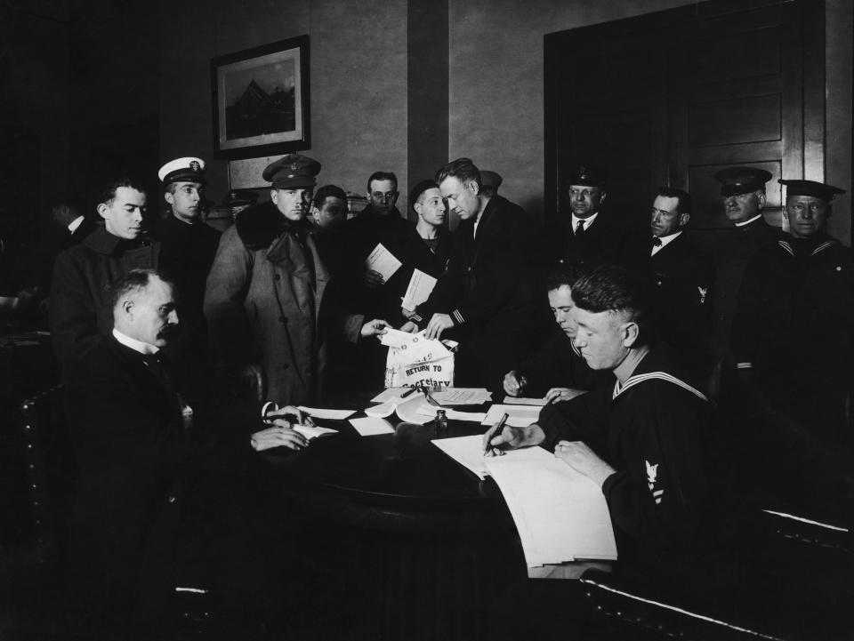 U.S. soldiers and sailors in New York City cast their votes in the General Election, Nov. 5, 1918. (Photo by FPG/Hulton Archive/Getty Images)